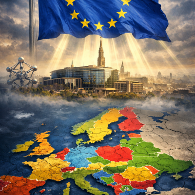Vlajka Evropské unie se tyčí nad Bruselem a „osvětluje“ rozdělenou mapu Evropy – symbol tiché proměny EU směrem k federálnímu uspořádání, kde se role národních států postupně oslabuje ve prospěch společného centra.