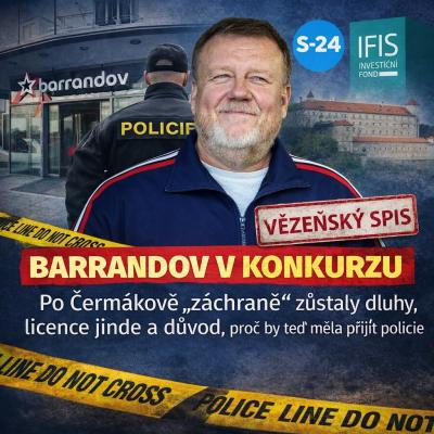 Koláž k článku o pádu Barrandov Televizního Studia do konkurzu, přesunu klíčových licencí a otázkách kolem role Jana Čermáka, S-24 a IFIS.
