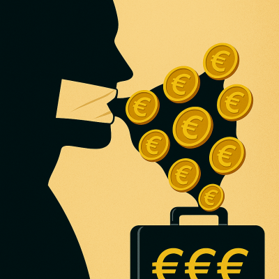 Obrázek symbolizuje, že mlčení (tape přes ústa) přináší finanční zisk (zlato vycházející z úst do kufříku).