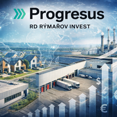 Vizualizace nadnárodní síly skupiny Progresus – rodinné domy RD Rýmařov, logistické a skladové areály i průmyslové továrny jako součást stabilního investičního portfolia s pozitivním dopadem na českou ekonomiku.
