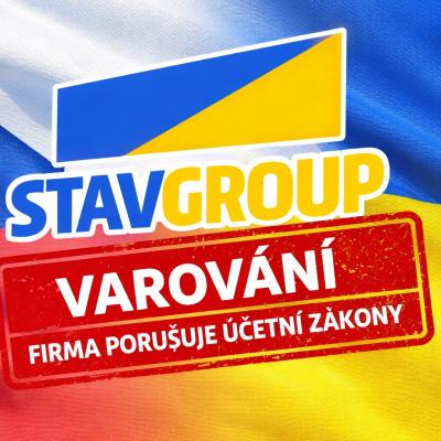 Ilustrační grafika s názvem STAVGROUP na pozadí české a ukrajinské vlajky a červeným razítkem „Varování – firma porušuje účetní zákony“.