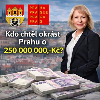 Ilustrační grafika k článku upozorňujícímu na podezření z manipulace a možné škody ve výši 250 milionů korun při nakládání s majetkem hlavního města Prahy, na které dlouhodobě upozorňuje senátorka JUDr. Hana Kordová Marvanová.